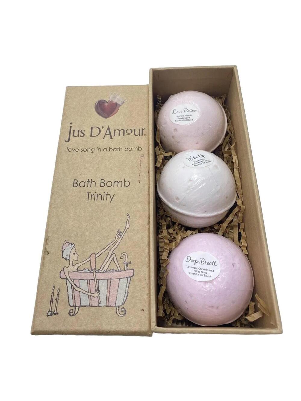 Jus DAmour Pink White Bath Bomb 3pc Gift Set Jasmine Rose Sandalwood Scent